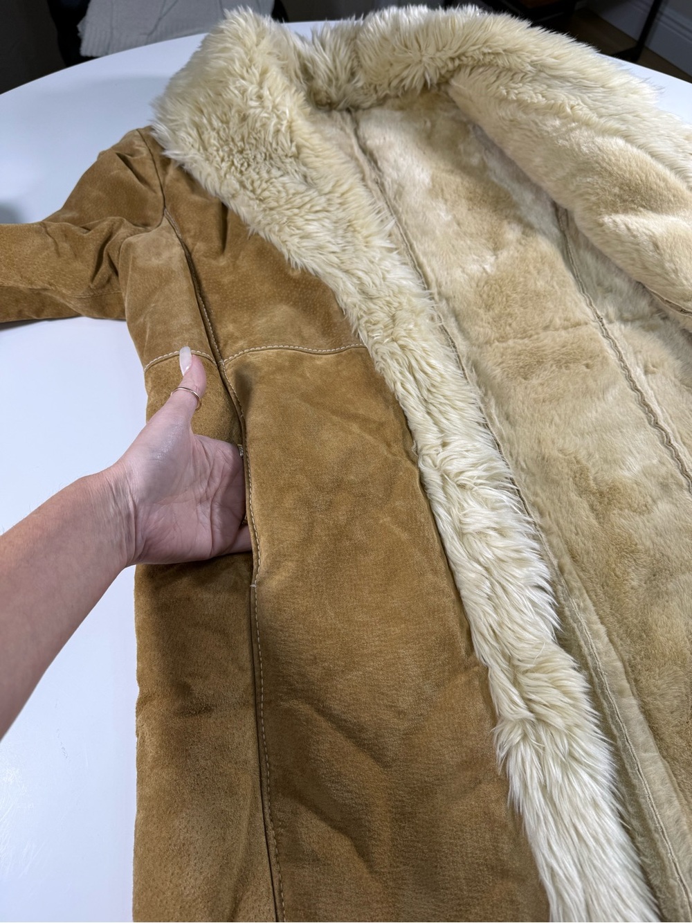 Penny Lane Brown Suede Shearling Coat with Cream Fur Trim - Picture 12 of 14